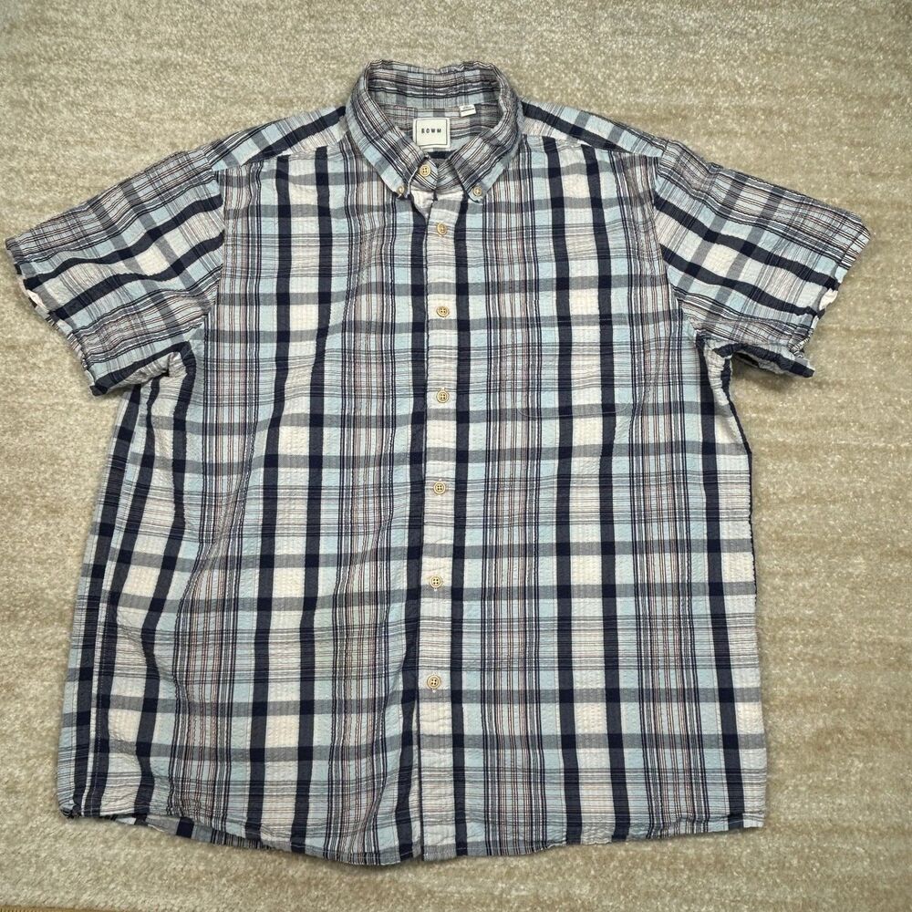 ROWM Shirt Mens XL‎ Short Sleeve Plaid Seersucker Button Down Blue White Casual